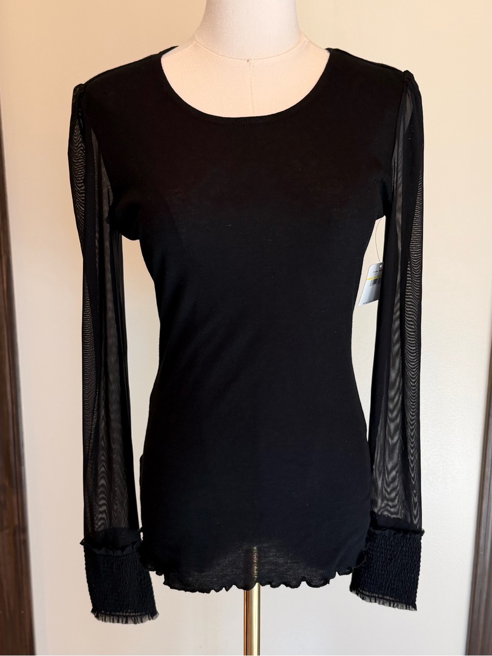 Free People Intimately Classic Black Mesh-Sleeve Ruffle Hem Scoop Neck